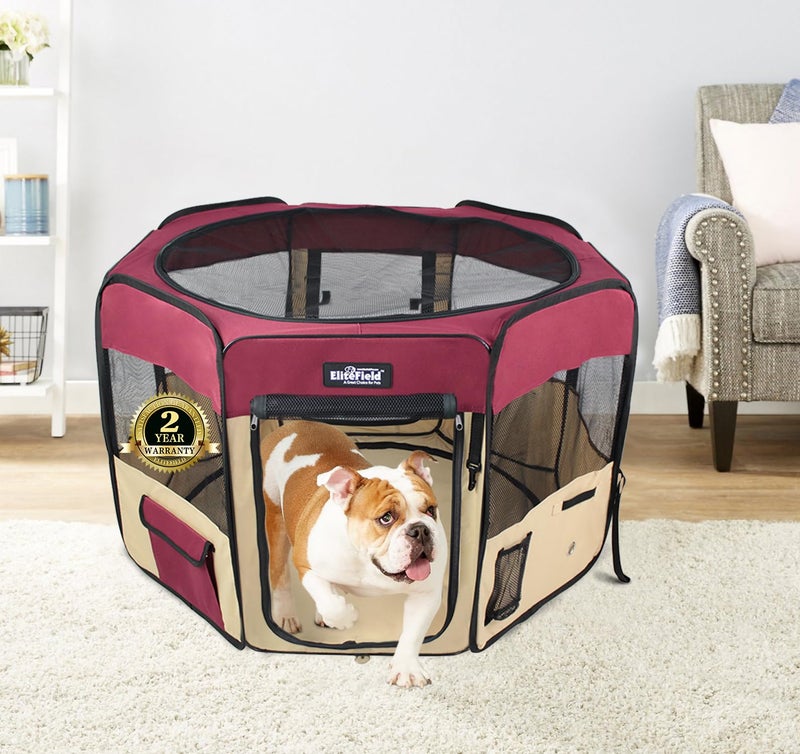 EliteField 2-Door Soft Pet Playpen (2 Year Warranty), Exercise Pen, Multiple Sizes and Colors Available for Dogs, Cats and Other Pets (42" x 42" x 24"H, Maroon+Beige) - Image 2